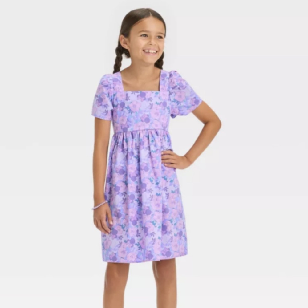 Lilac Floral Square-Neck Girls' Dress